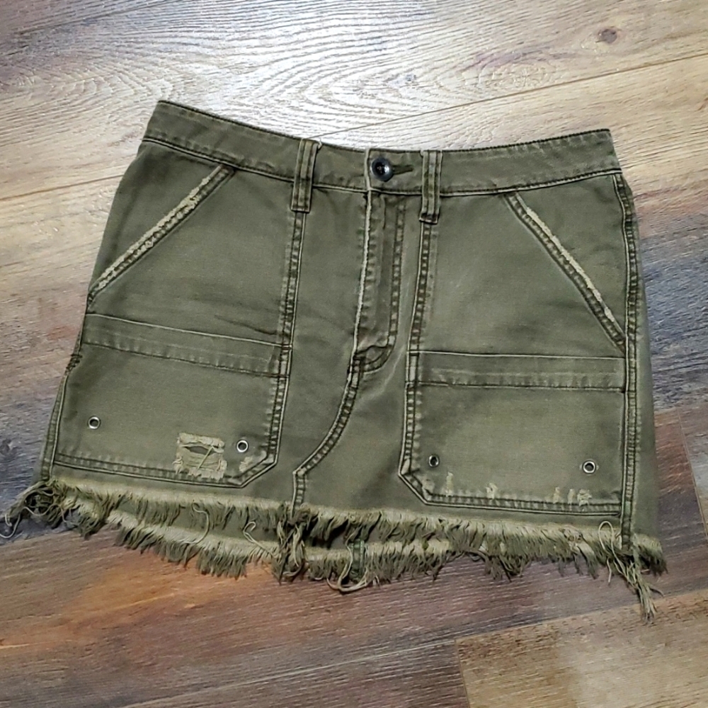 Free people army green distressed denim skirt